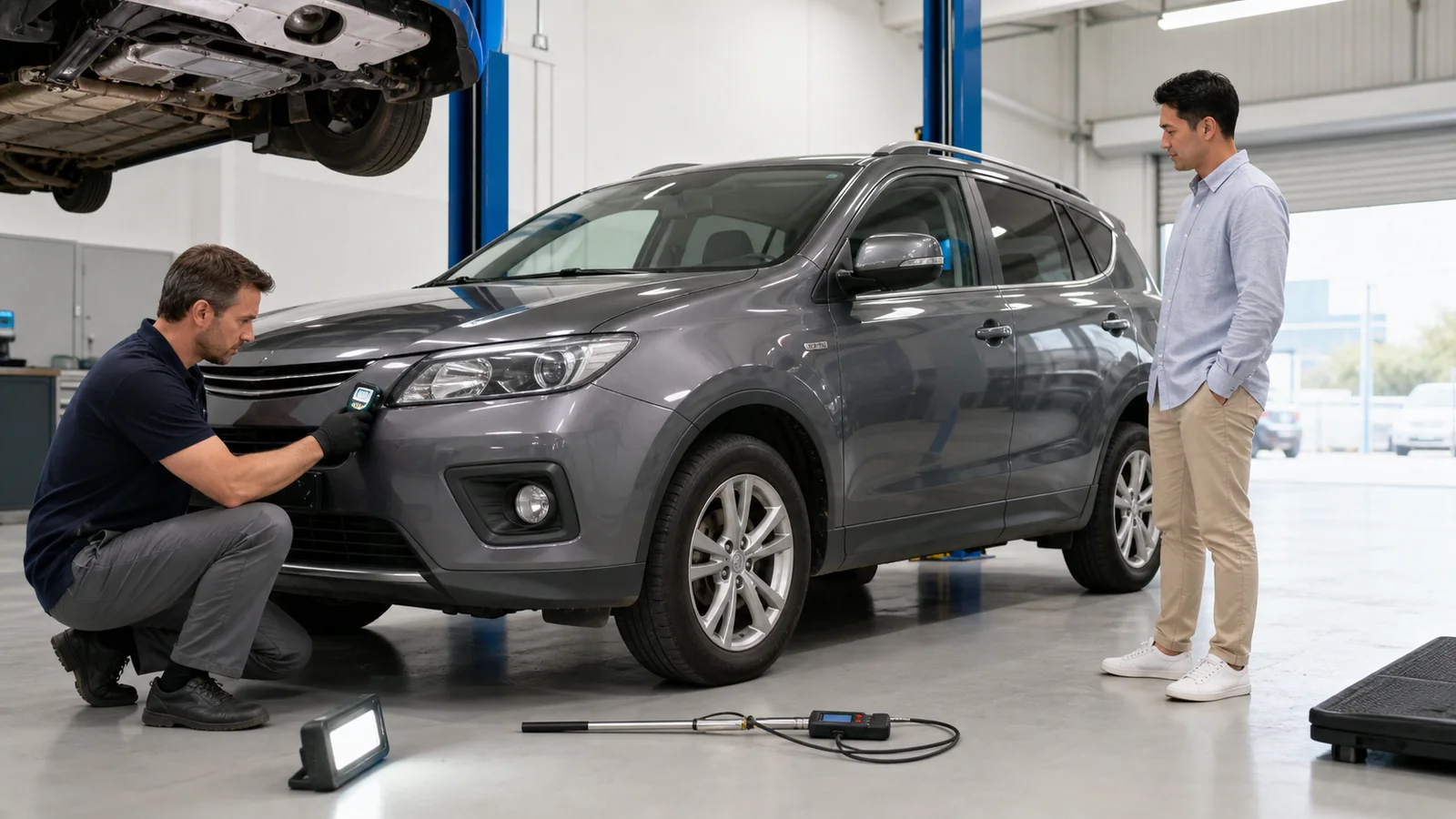 Inspector using a paint thickness gauge and underbody equipment to check a used SUV for accident and flood damage