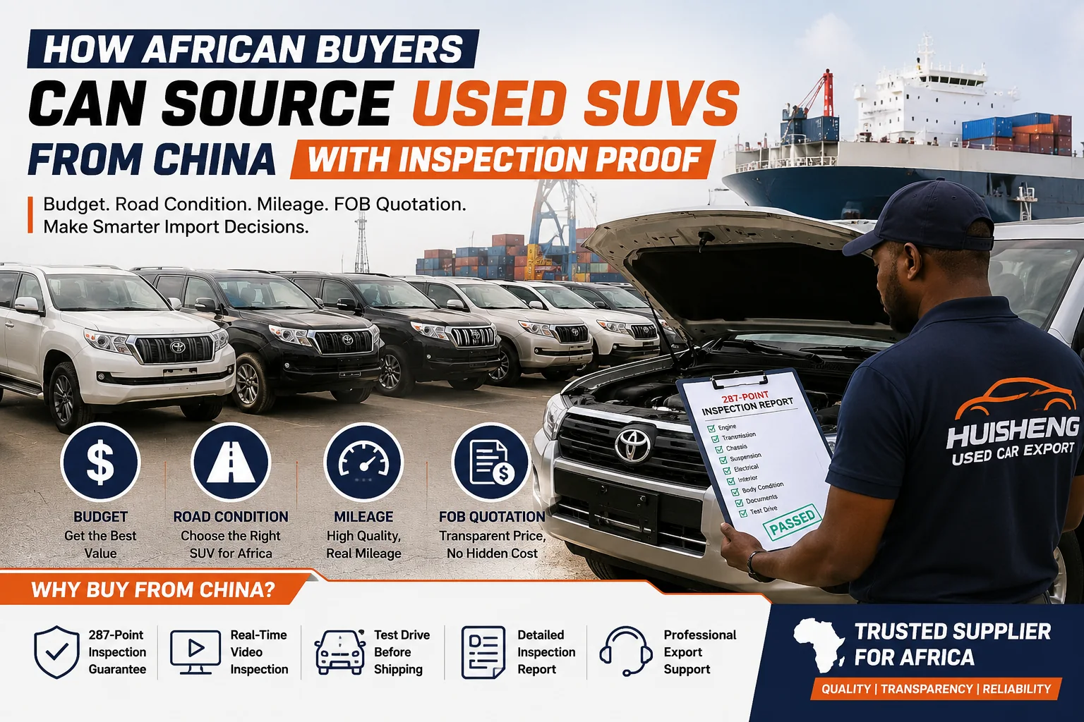 Used SUVs from China prepared for African buyers with vehicle inspection proof, mileage checks and FOB quotation guidance