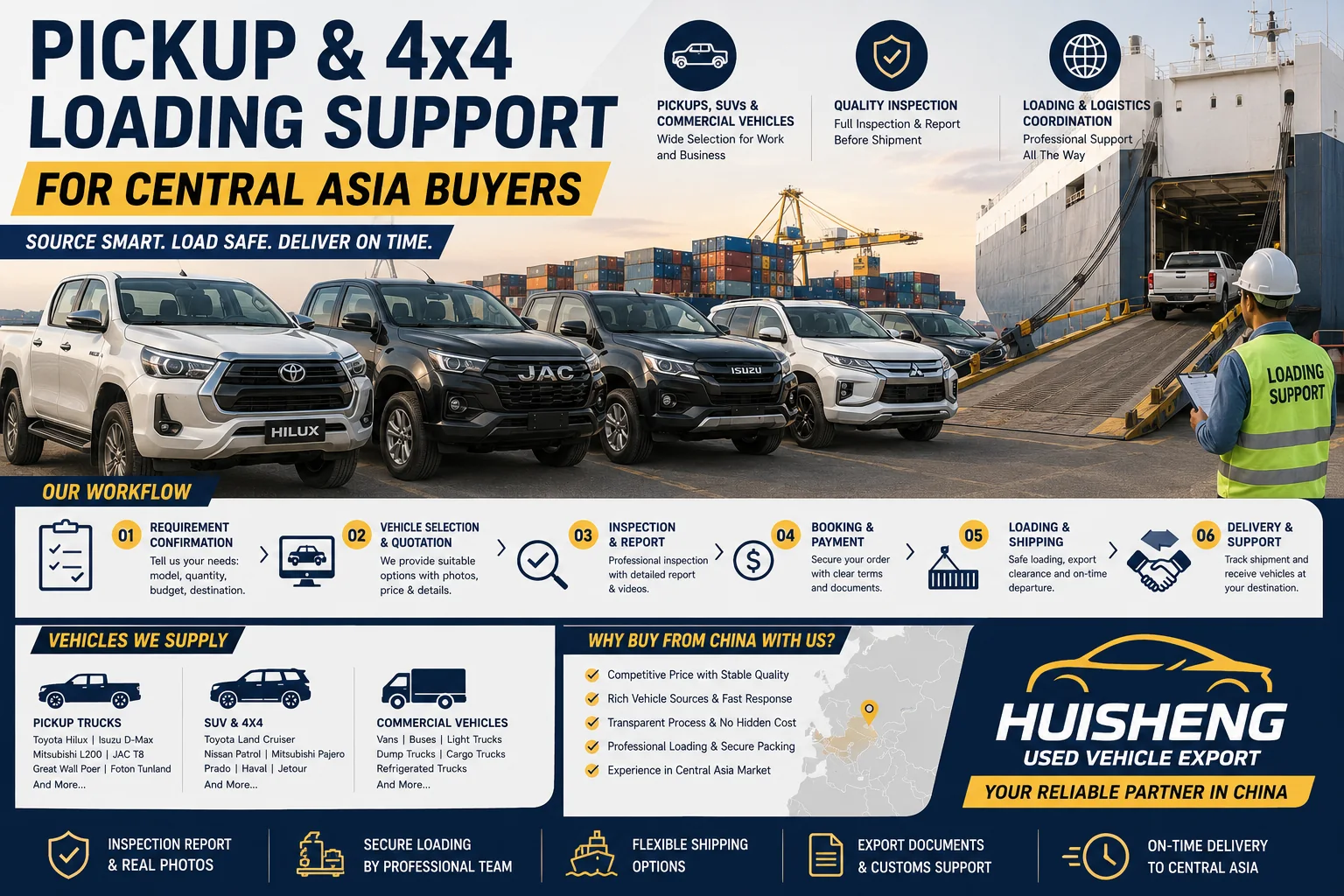 Pickup and 4x4 inspection, loading and logistics support for Central Asia used vehicle buyers