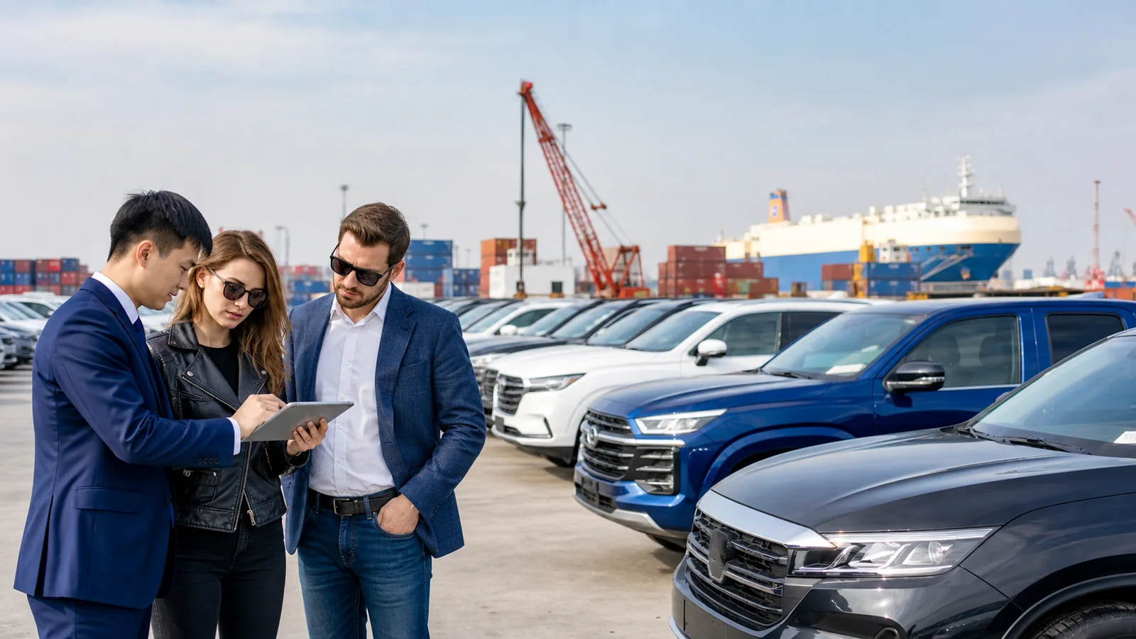 International dealer buyers reviewing a wholesale lot of used SUVs sedans and pickups at a China export yard