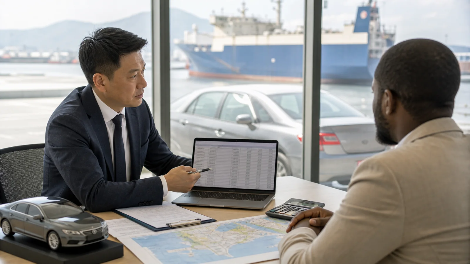 Used car exporter explaining FOB and CIF quotation options to an overseas buyer with vehicles and a cargo ship nearby