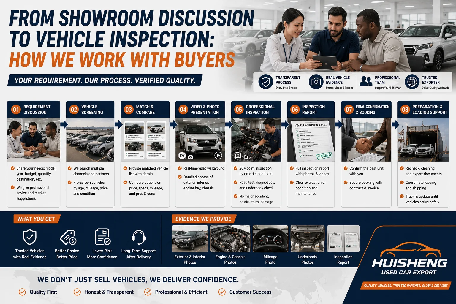 From showroom discussion to vehicle inspection with requirement matching, photo and video evidence, inspection reports and export support