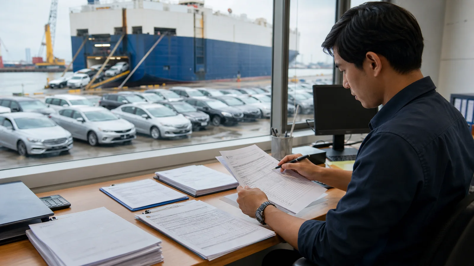 China used car export specialist checking shipping documents with vehicles and a RoRo vessel visible at the port