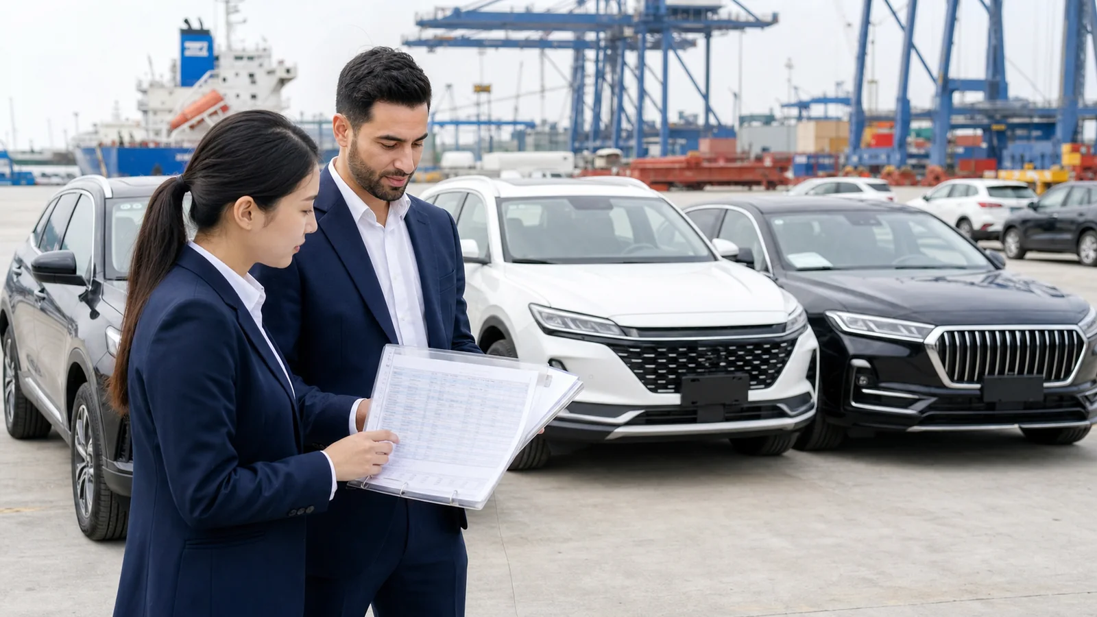 Overseas buyer and China used car export specialist calculating total import cost beside vehicles at a shipping port