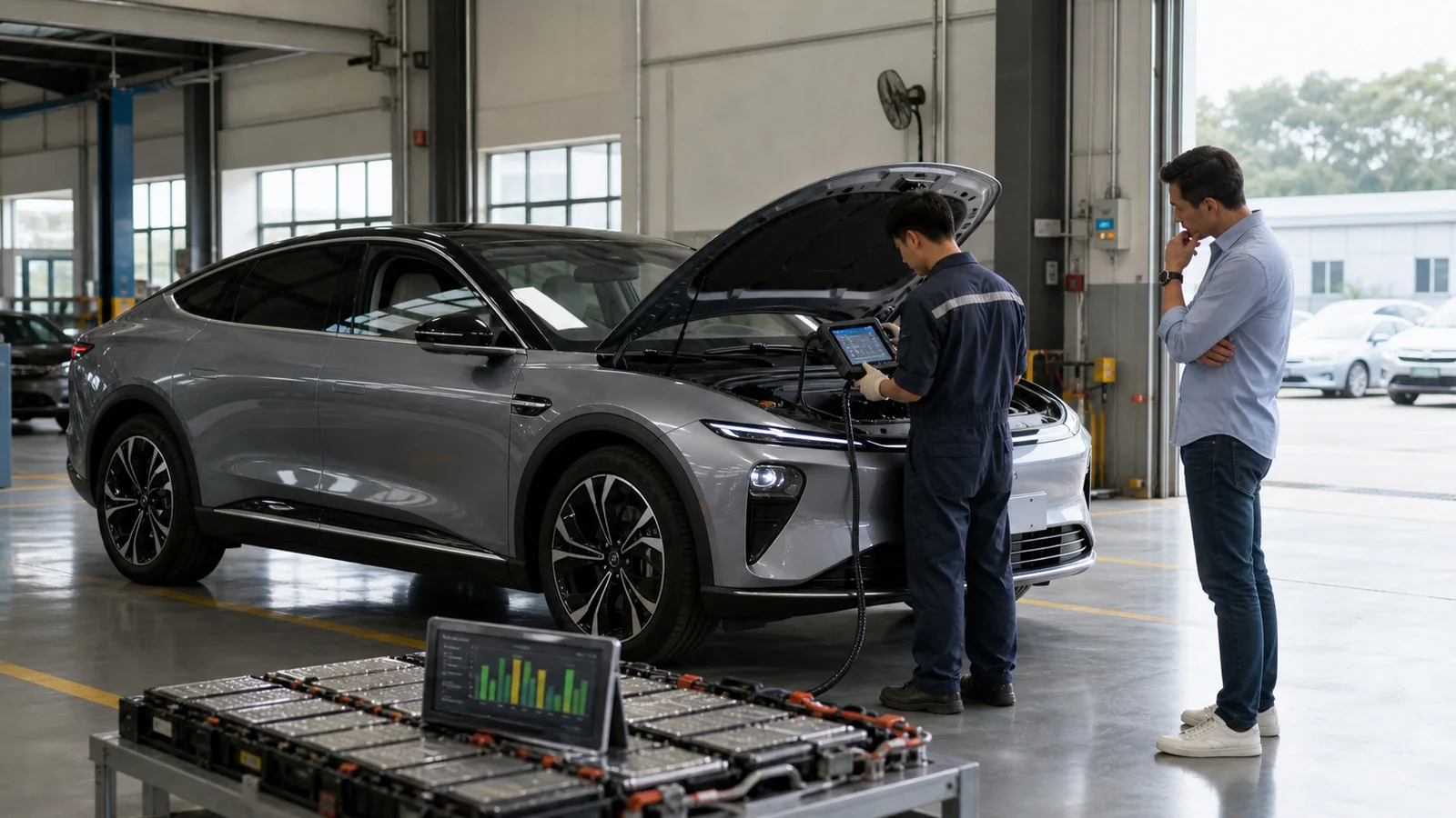 Technician performing a battery health diagnostic on a used electric vehicle while an overseas buyer observes