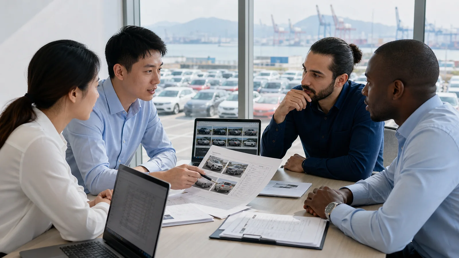 Huisheng sourcing team reviewing vehicles with overseas buyers