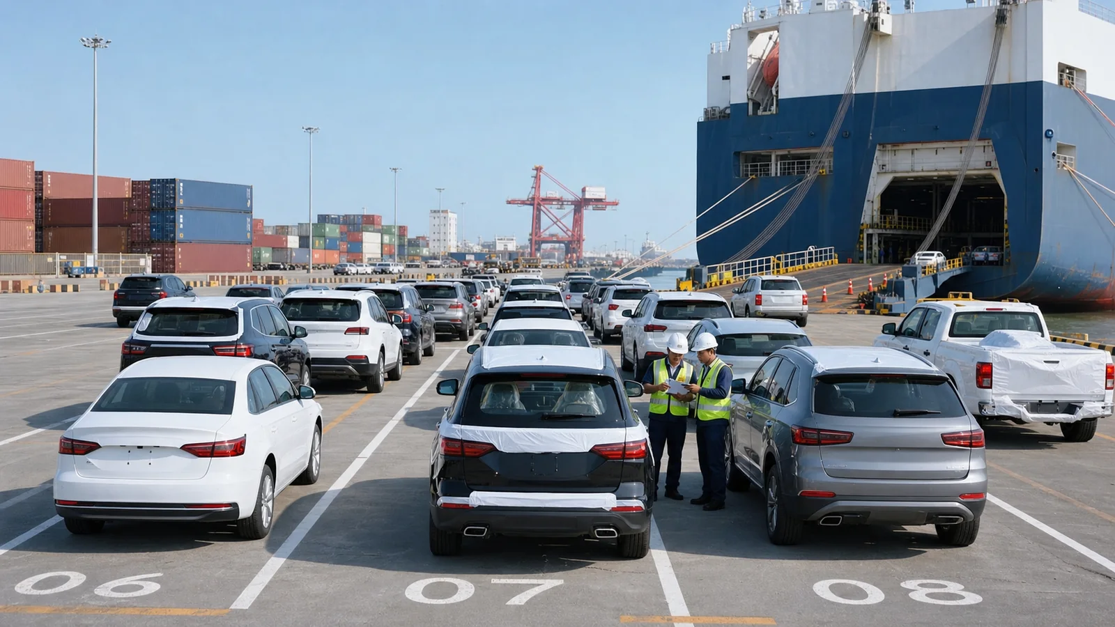 Inspected recent-model used cars prepared for export loading